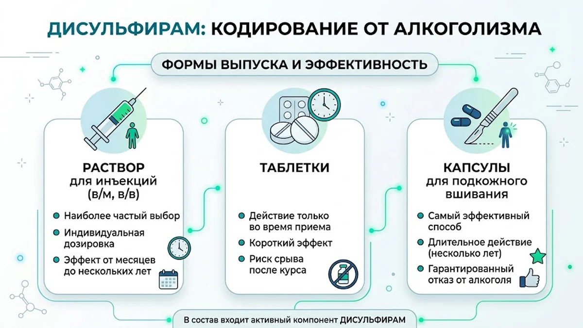 Инфографика Дисульфирам: сравнение форм выпуска, их эффективность и длительность действия при кодировании от алкоголизма